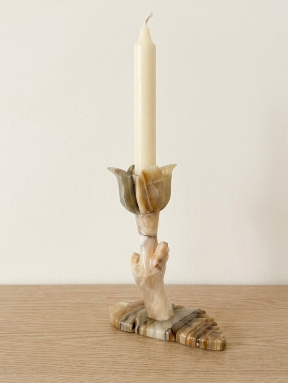 Vintage Onyx Candle Holder – Hand‑Carved Tulip Design, Natural Stone Decor